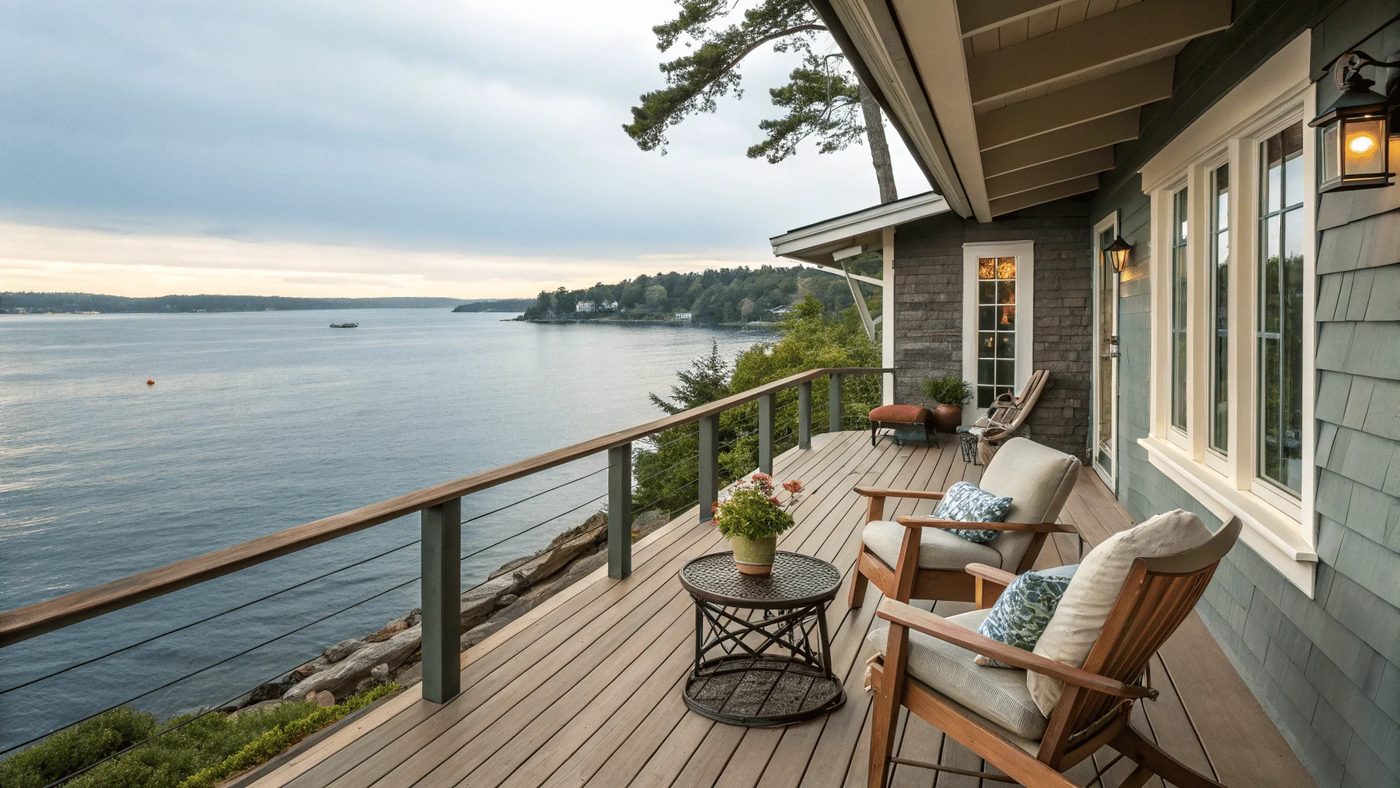 A cliffside deck overlooking a wide bay and distant shoreline